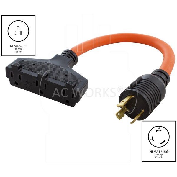 Ac Works 1.5ft L5-30P 30 Amp 3-Prong Generator Locking Plug to Household Tri-Outlets - L530W515-018