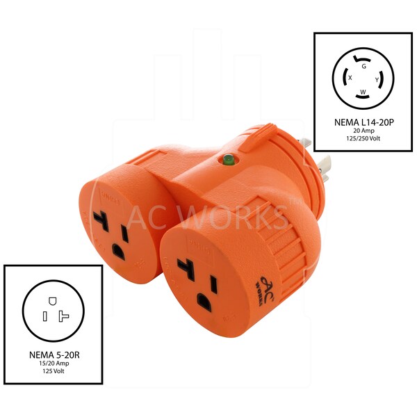 Ac Works Adapter L14-20P 20A 4-Prong Plug to 2 15/20A Household Connectors - ADVL1420520