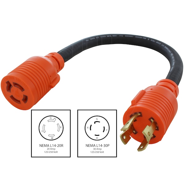 Ac Works 1.5ft 30A 4-Prong 125/250V L14-30P Plug to L14-20R 20A 4-Prong 125/250V Connector - L1430L1420-018