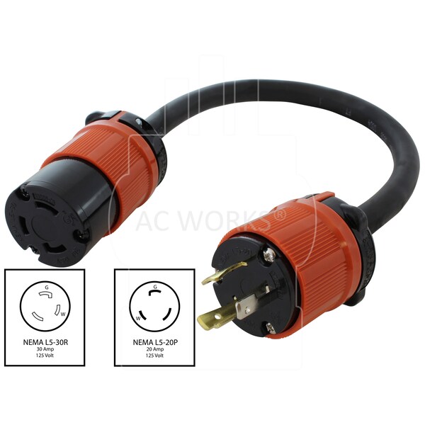 Ac Works 1.5FT 20A L5-20 Plug to L5-30R 30A 125V 3-Prong Connector - L520L530-018