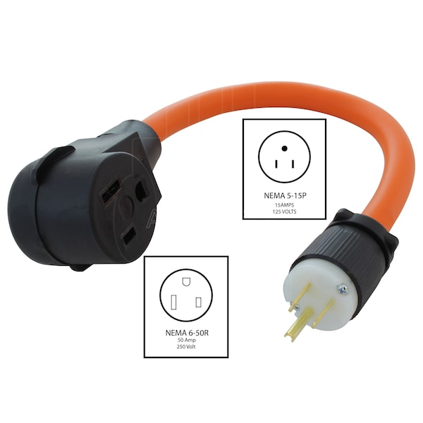 Ac Works 1.5ft 15A 125V NEMA 5-15 Household Outlet to 6-50 Welder Adapter - WD515650-018