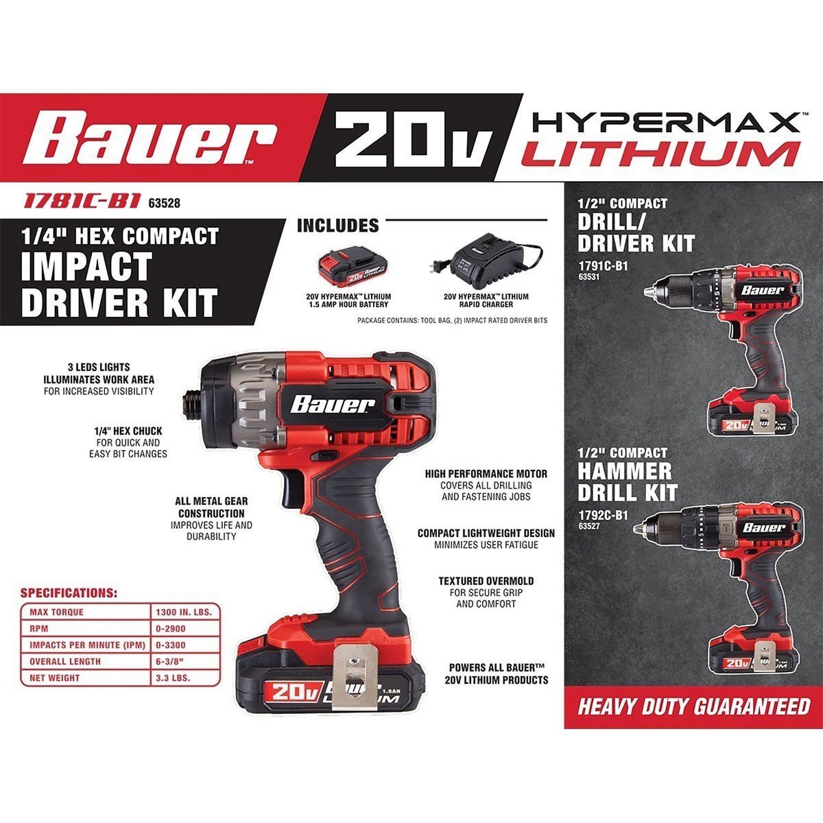Kit de controlador de impacto compacto hexagonal inalámbrico Bauer de 20V con batería de 1.5Ah y cargador - 64755.