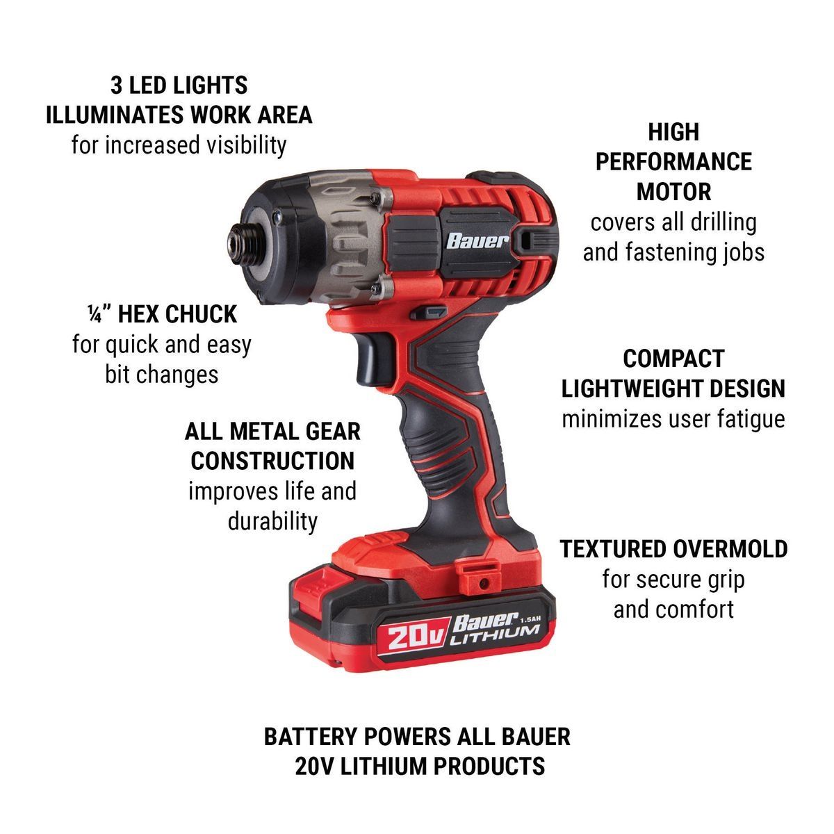 Kit de controlador de impacto compacto hexagonal inalámbrico Bauer de 20V con batería de 1.5Ah y cargador - 64755.