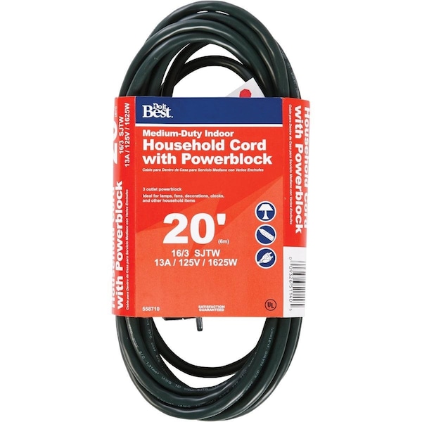 All-Source Extension Cord, 16 AWG, Indoor, 16/3, 3 Outlets, 20 ft - IP-JTW163-20X-GR