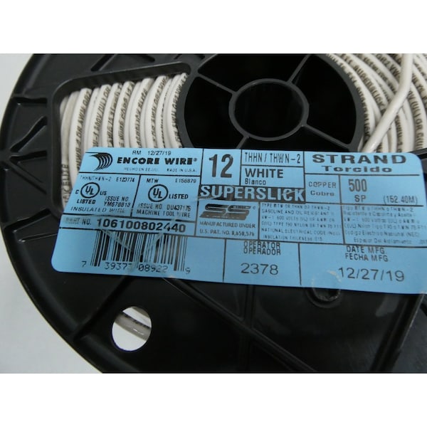 Encore Wire THHN, Building Wire, 12 AWG, White, 500 ft - 106100802440