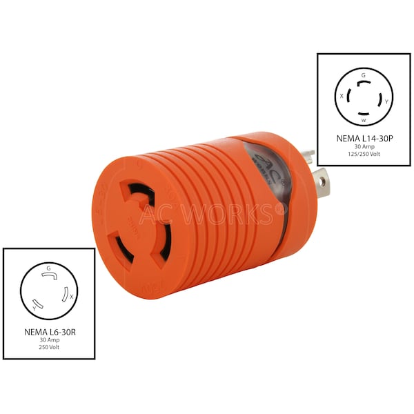 Ac Works 30A 125/250V NEMA L14-30P Locking Plug to L6-30R 30A 250V Locking Connector - ADL1430L630