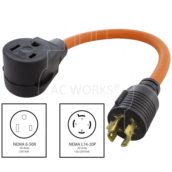 Ac Works L14-20P 20Amp 4-Prong Generator Locking Plug to 6-50 Welder Adapter - WDL1420650-018