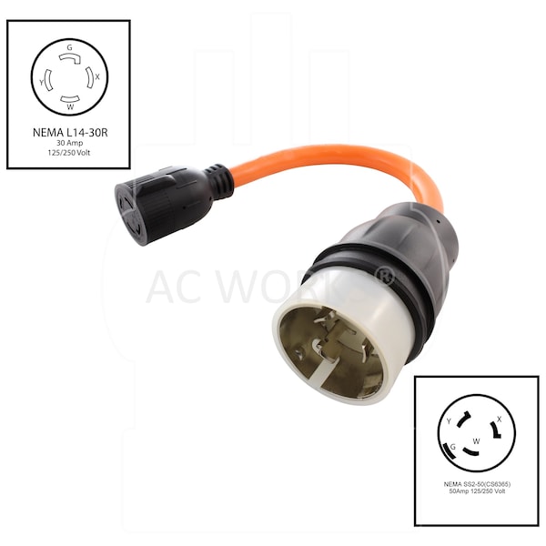 Ac Works 1.5FT 50A 125/250V SS2-50P/CS6365 Plug to L14-30 4-Prong Locking Adapter - SS2L1430-018