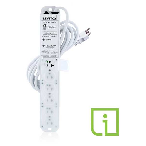 Leviton Outlet Strip, 20 A, 15 ft Cord L, 6 Outlets - 53C6M-2N5