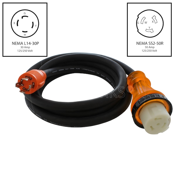 Ac Works 25ft Generator L14-30P 30A 4-Prong Plug to 50A RV/ Marine Power Inlet Adapter Cord - L1430M50-025