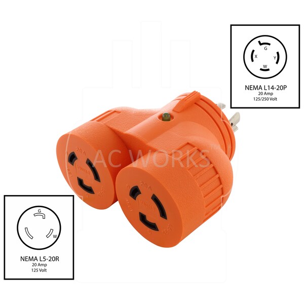 Ac Works Adapter NEMA L14-20P 20A 4-Prong Plug to 2 20A L5-20R Connectors - ADVL1420L520