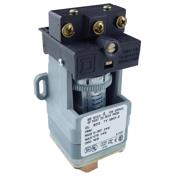 Interruptor de presión Telemecanique Sensors, (1) Puerto, 1/4-18 pulgadas FNPT, SPDT, 3 a 150 psi, Acción Estándar - 9012GNO5