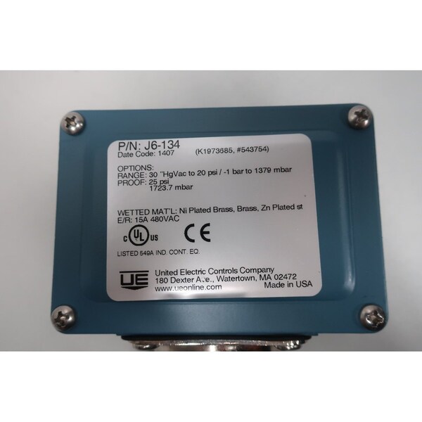 Interruptor de presión Ue United Electric 20PSI 30In-Hg 480V-AC - J6-134