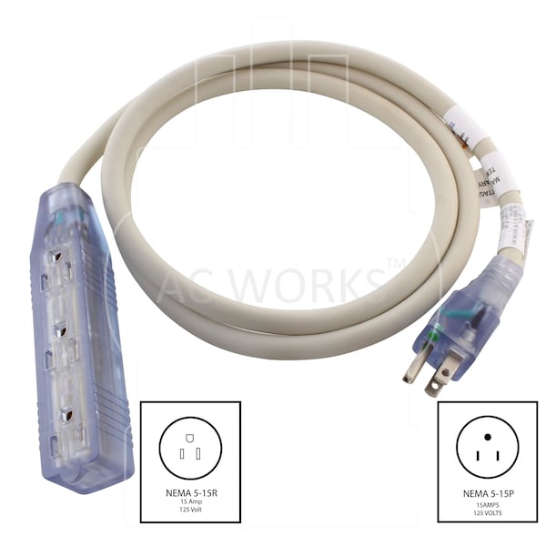 Ac Works 5FT 15 Amp 12/3 Power Strip Cord with Power indicator and Green Dot Plug - S515B515-060