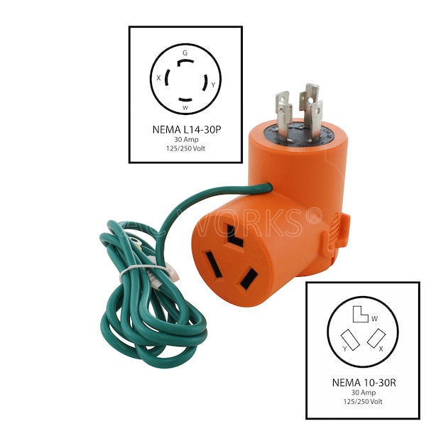 Ac Works L14-30P 30A 4-Prong Generator Plug to 10-30R 3-Prong Dryer Outlet - ADL14301030