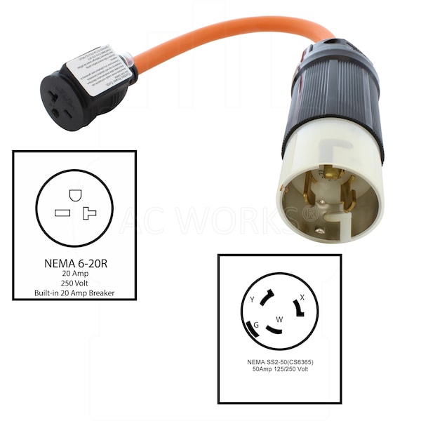 Ac Works 1.5FT 50A CS6365/ SS2-50P Locking Plug to NEMA 6-20R 15/20A 250V Outlet with 20A Breaker - SS2CB620