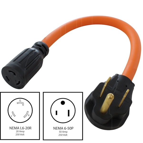 Ac Works 1.5FT 6-50P 50A Welder Plug to L6-20R 20A 250V Locking Outlet - S650L620-012