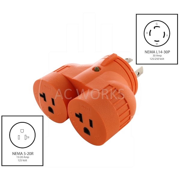 Ac Works Generator Adapter NEMA L14-30P 30A Plug to 2 15/20A Connectors - ADVL1430520