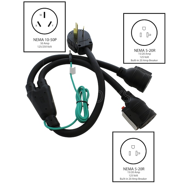 Ac Works 3ft 50A 125/250V NEMA 10-50 3-Prong Range/Welder/Dryer Plug to 2 NEMA 5-20 Household Connections - 1050YCB520