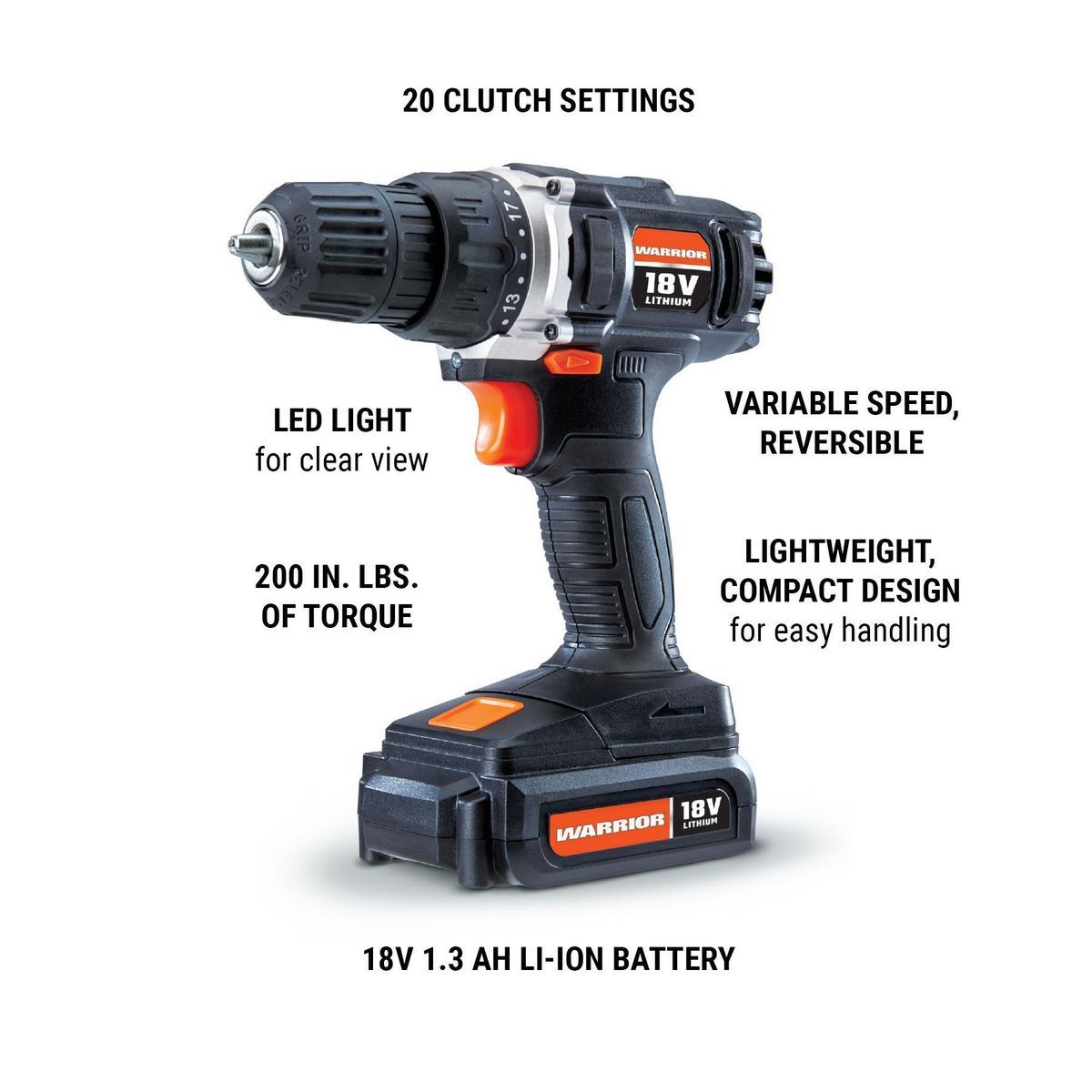 Kit de taladro inalámbrico Warrior 18V de 3/8 de pulgada con batería y cargador - 58389