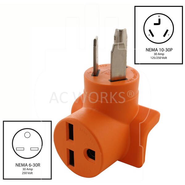 Ac Works 3-Prong Dryer 10-30P Plug to 6-30R 3-Prong 30 Amp 250 Volt HVAC Female Adapter - AD1030630