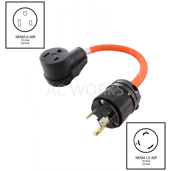Ac Works 1.5FT 30A 125V L5-30P Generator Locking Plug to 6-50R 50A Welder Adapter - WDL530650-018