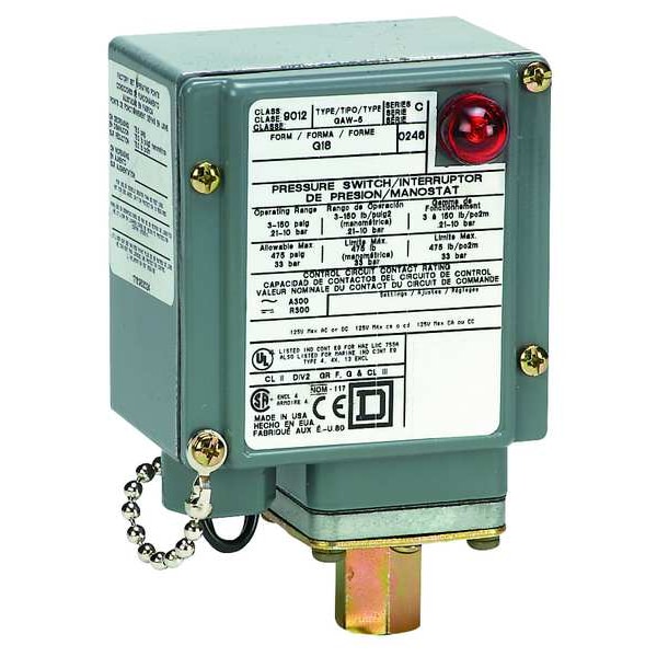 Interruptor de presión de Sensores Telemecanique, (1) puerto, 1/4-18 pulgadas FNPT, SPDT, 3 a 150 psi, Acción estándar - 9012GAW5G18
