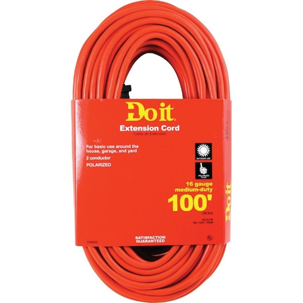 All-Source Extension Cord, 16 AWG, Outdoor, 16/2, 100 ft - OU-JTW162-100-OR