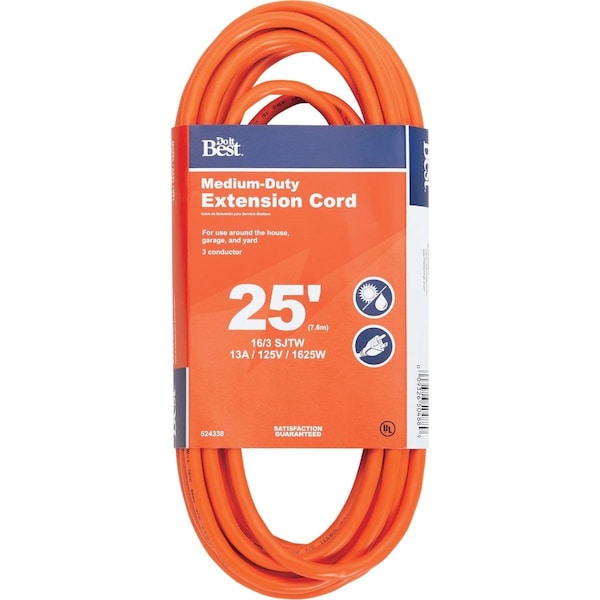 All-Source Extension Cord, 16 AWG, Outdoor, 16/3, 25 ft - OU-JTW163-25-OR