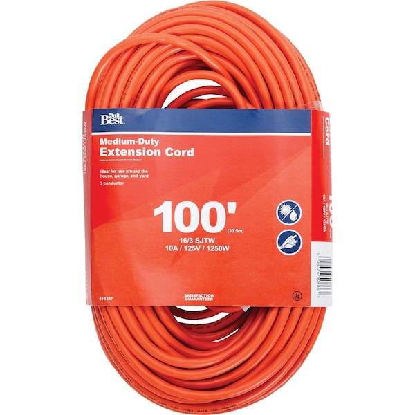All-Source Extension Cord, 16 AWG, Outdoor, 16/3, 100 ft - OU-JTW163-100-OR