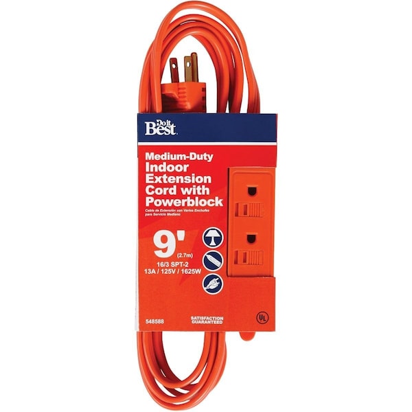 All-Source Extension Cord, 16 AWG, Indoor, 16/3, 3 Outlets, 9 ft - OP-PT2163-9-OR
