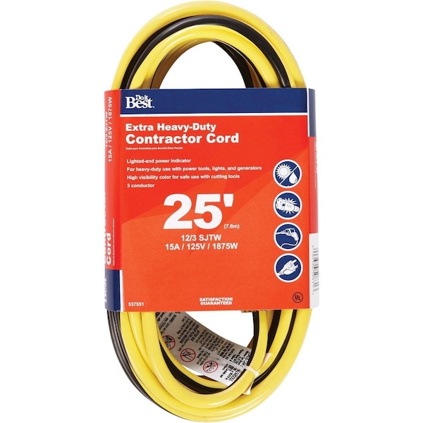 All-Source Extension Cord, 12 AWG, Outdoor, 12/3, 25 ft - OU-JTW123-25-YLWS