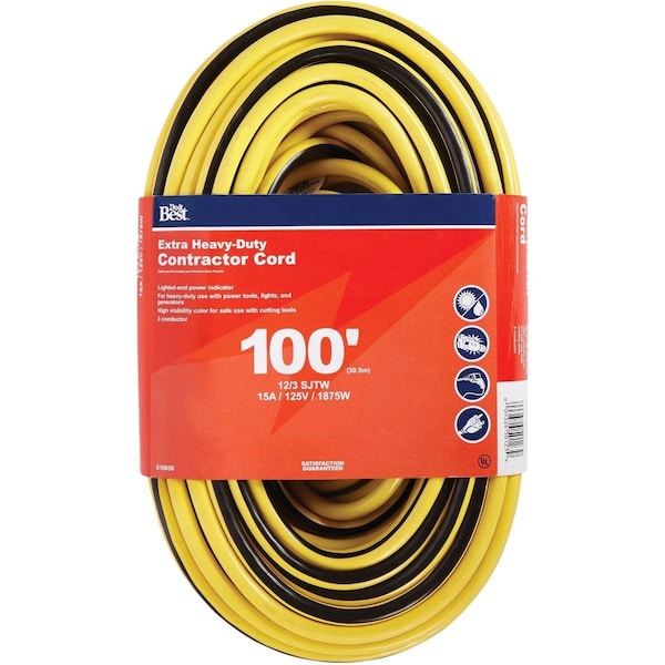 All-Source Extension Cord, 12 AWG, Outdoor, 12/3, 100 ft - OU-JTW123-100-YLWS