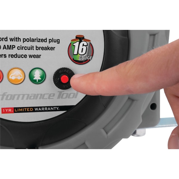 Perform Tool Retractable 50 Foot of 16 Gauge Cord With Polarized Plug and 3 Grounded 10 Amp Outlets Wall Mount - W2273