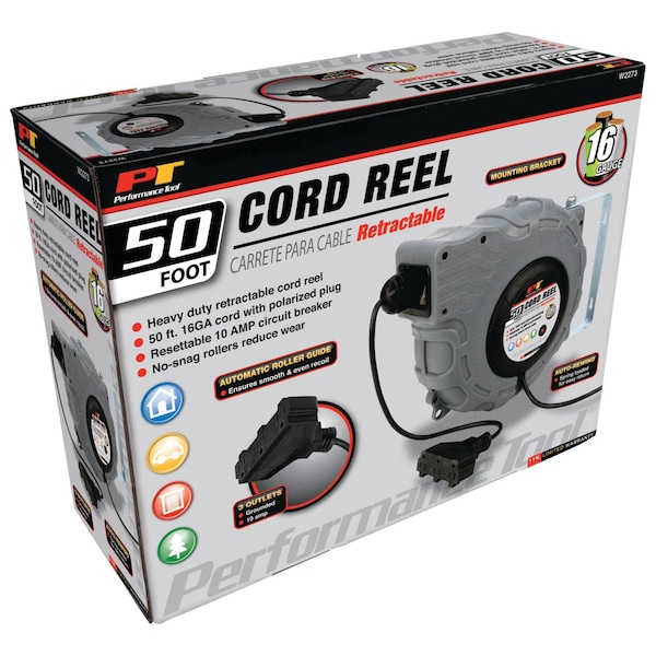 Perform Tool Retractable 50 Foot of 16 Gauge Cord With Polarized Plug and 3 Grounded 10 Amp Outlets Wall Mount - W2273