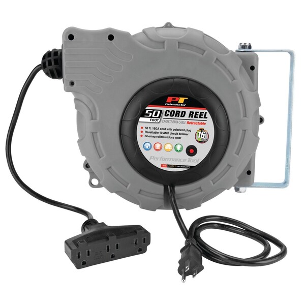 Perform Tool Retractable 50 Foot of 16 Gauge Cord With Polarized Plug and 3 Grounded 10 Amp Outlets Wall Mount - W2273