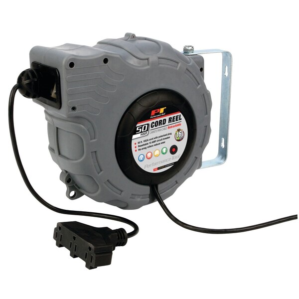 Perform Tool Retractable 50 Foot of 16 Gauge Cord With Polarized Plug and 3 Grounded 10 Amp Outlets Wall Mount - W2273
