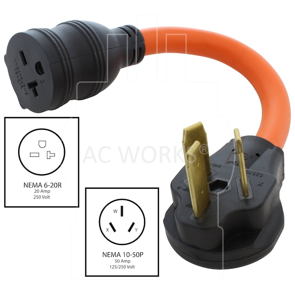 Ac Works 1FT 50A 3-Prong Welder/Range/Dryer Plug to 6-15/20 Outlet with 20A Breaker - S1050CB620