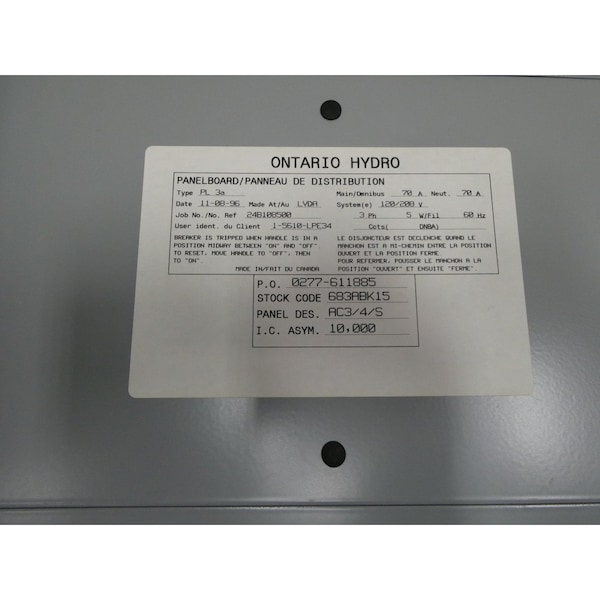 Eaton Cutler-Hammer POW-R-LINE C 70A AMP 3PH 120/208V-AC POWER DISTRIBUTION PANELBOARD - PRL3A PL3A