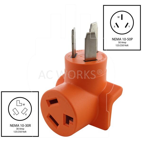 Ac Works 10-50P 50A 3-Prong Old Style Dryer/Range Plug to 10-30R 3-Prong Dryer Outlet - AD10501030