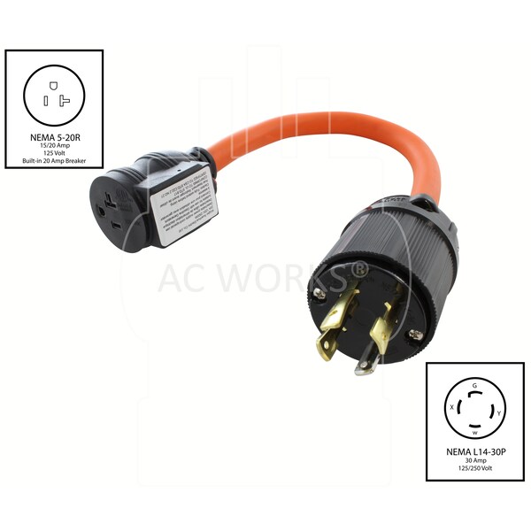 Ac Works 1.5FT 30A 4-Prong L14-30P Locking Plug to Household Outlet with 20A Breaker - L1430CB520