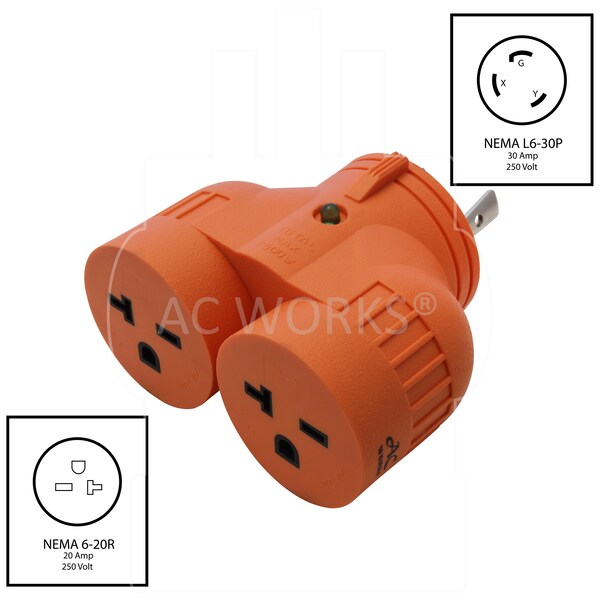 Ac Works Adapter L6-30P 30A 250V 3-Prong Locking Plug to 2 6-20R HVAC Connectors - ADVL630620