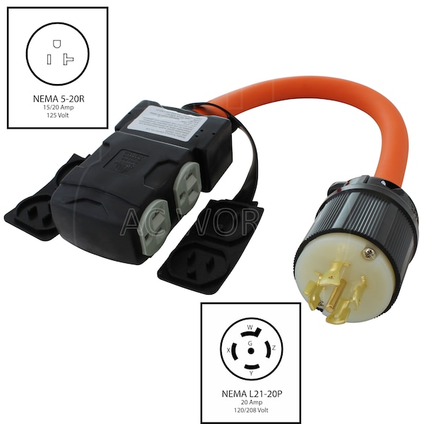 Ac Works 1.5FT L21-20P 20A 5-Prong Locking Plug to 4 household Outlets with 20A Breakers - L2120CBF520