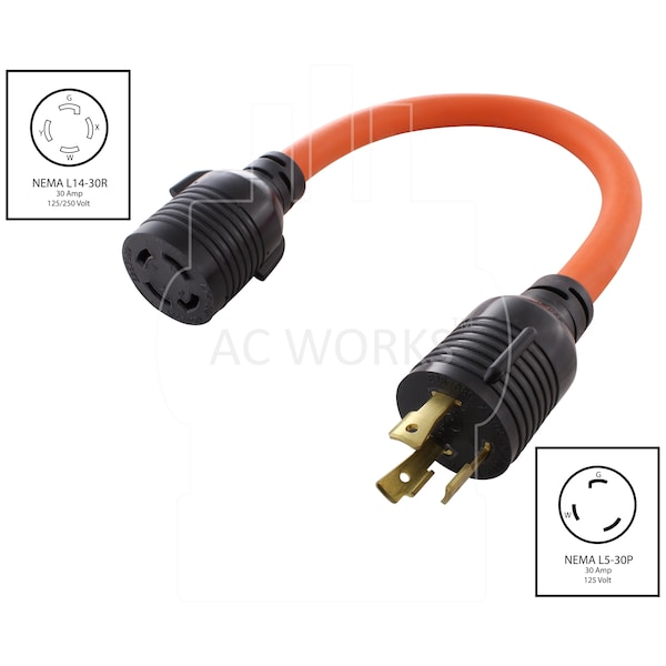 Ac Works 1.5FT L5-30P 3-Prong 30A Plug to L14-30R 30A 125/250V 4-Prong Connector - L530L1430-018