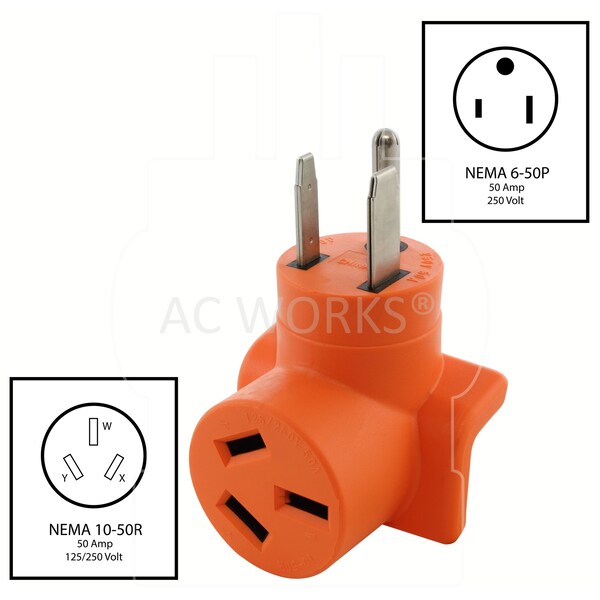Ac Works 6-50P Welder Plug to 10-50R 3-Prong 50A 125/250 Volt Older Dryer/Range Adapter - WD6501050