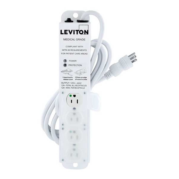 Leviton Outlet Strip, 15 A, 7 ft Cord L, 4 Outlets - 5304M-1S7