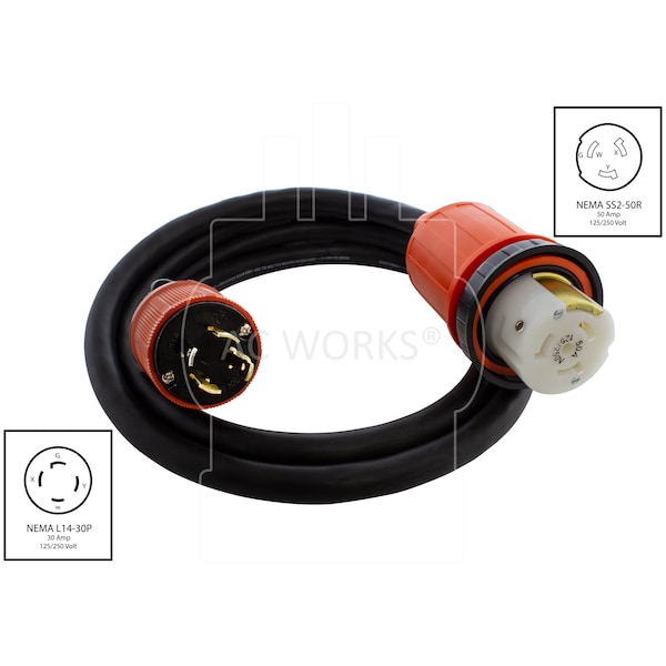 Ac Works 100ft Generator L14-30P 30A 4-Prong Plug to 50A RV/ Marine Power Inlet Adapter Cord - L1430M50-100