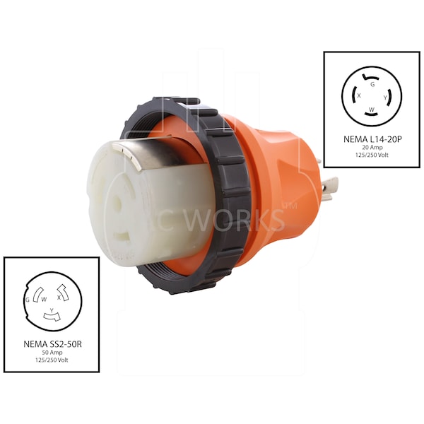Ac Works Adapter NEMA L14-20P 4-Prong 20A Generator Locking Plug - RV/Marine 50A Inlet - ADL1420SS2