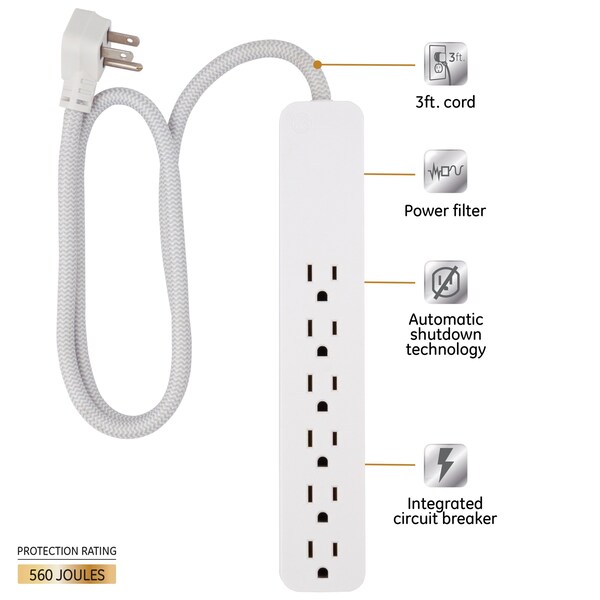 Ge GE 6-Outlet Surge Protector, 560J, 3ft Braided Cord, White - 41352