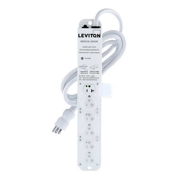 Leviton Outlet Strip, 20 A, 7 ft Cord L, 6 Outlets - 5306M-2N7
